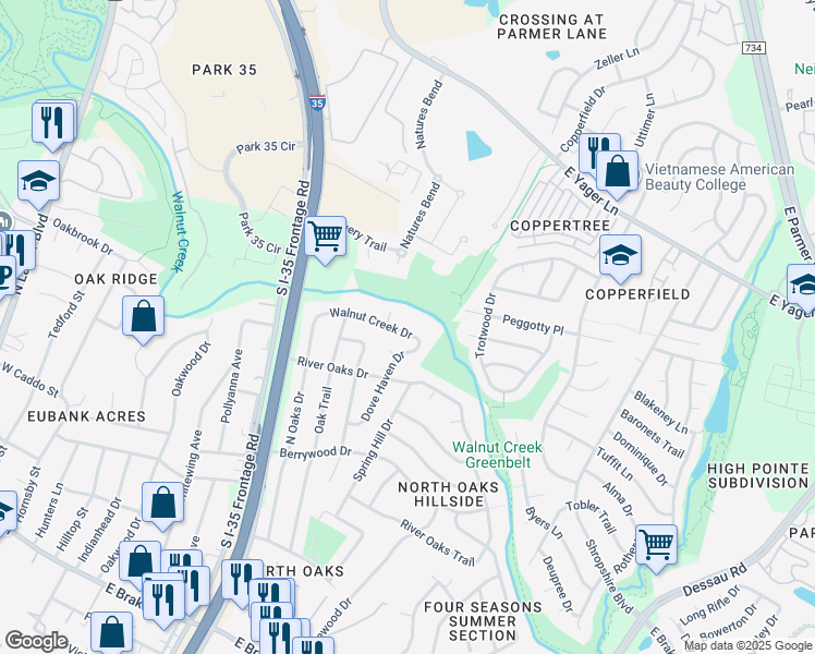 map of restaurants, bars, coffee shops, grocery stores, and more near 826 Walnut Creek Drive in Austin