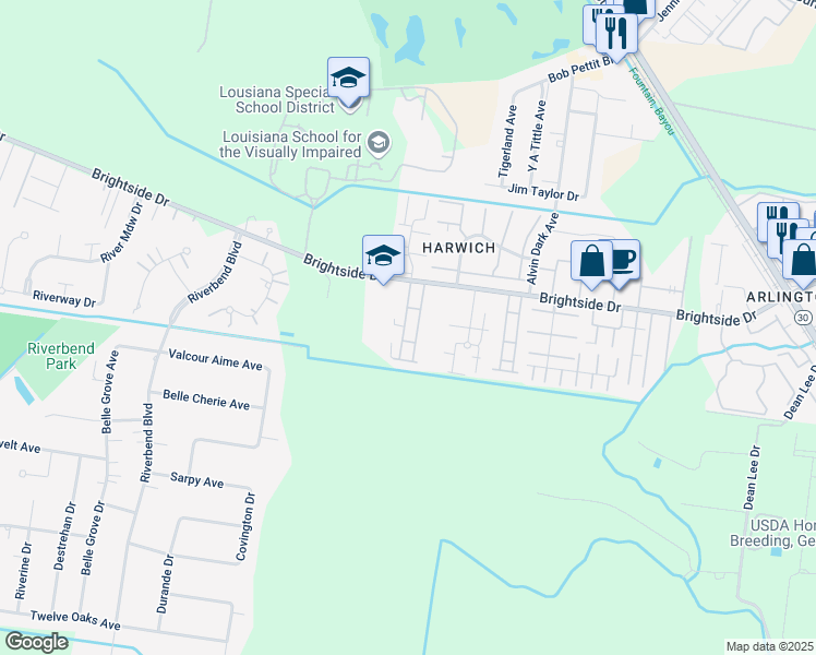 map of restaurants, bars, coffee shops, grocery stores, and more near 2403 Brightside Drive in Baton Rouge