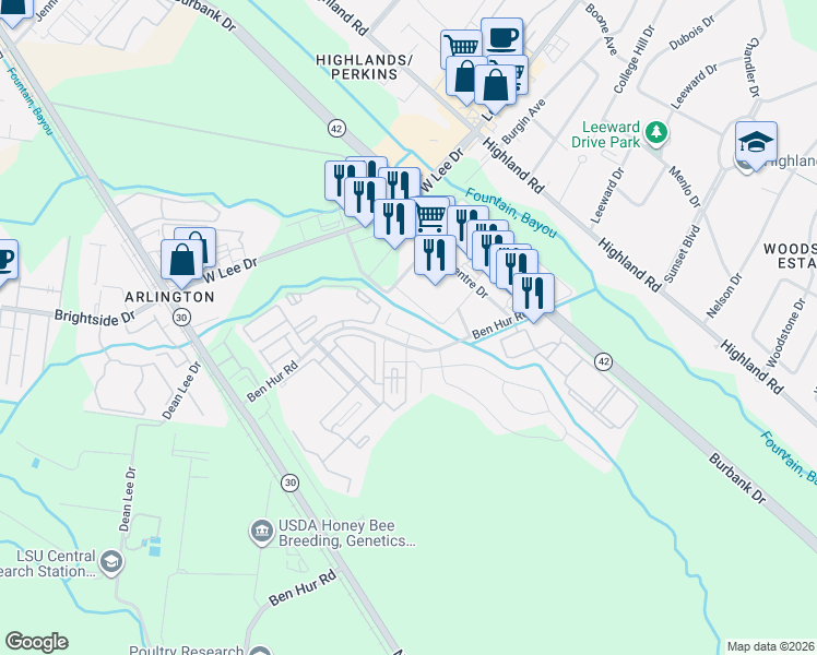 map of restaurants, bars, coffee shops, grocery stores, and more near 686 Ben Hur Road in Baton Rouge