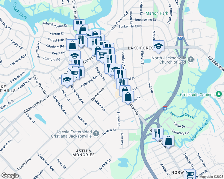 map of restaurants, bars, coffee shops, grocery stores, and more near 7441 Smyrna Street in Jacksonville