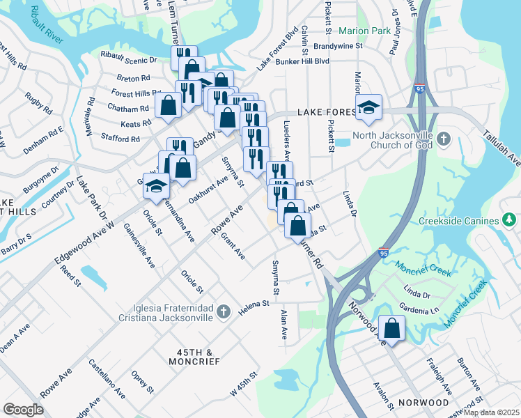 map of restaurants, bars, coffee shops, grocery stores, and more near 7441 Smyrna Street in Jacksonville