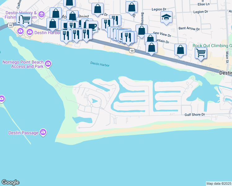 map of restaurants, bars, coffee shops, grocery stores, and more near 143 Durango Road in Destin