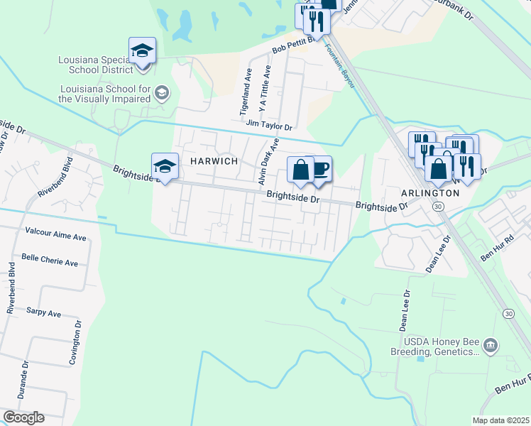 map of restaurants, bars, coffee shops, grocery stores, and more near 5230 Brightside View Drive in Baton Rouge