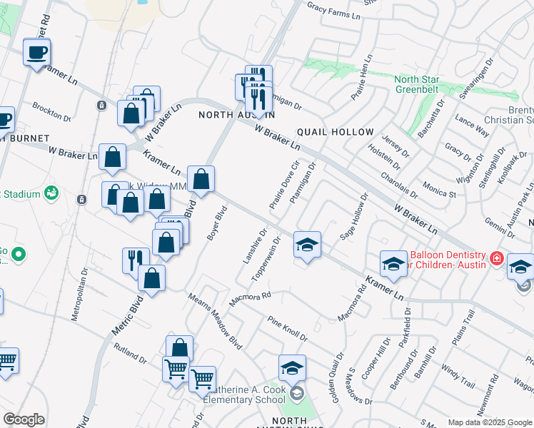 map of restaurants, bars, coffee shops, grocery stores, and more near 11002 Prairie Dove Circle in Austin