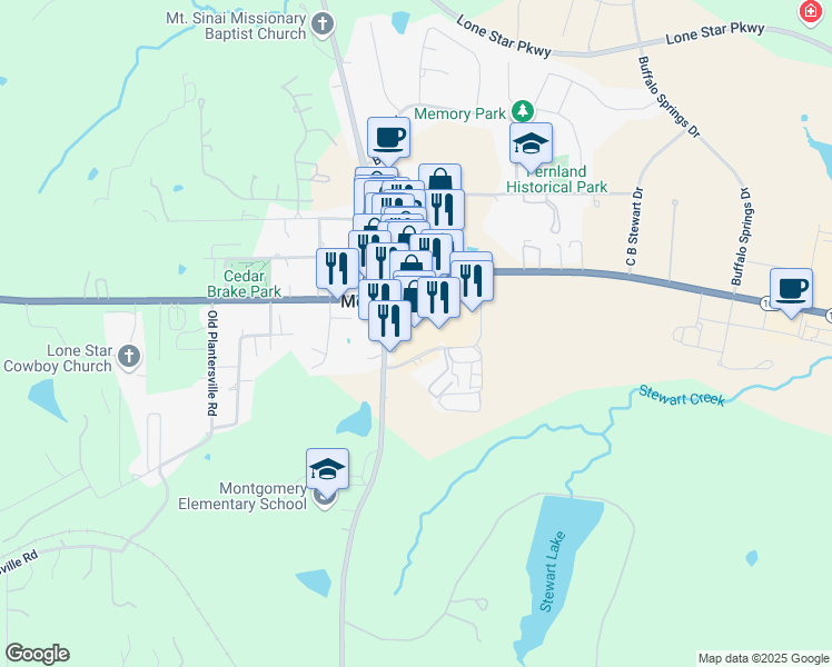 map of restaurants, bars, coffee shops, grocery stores, and more near 21005 Eva Street in Montgomery