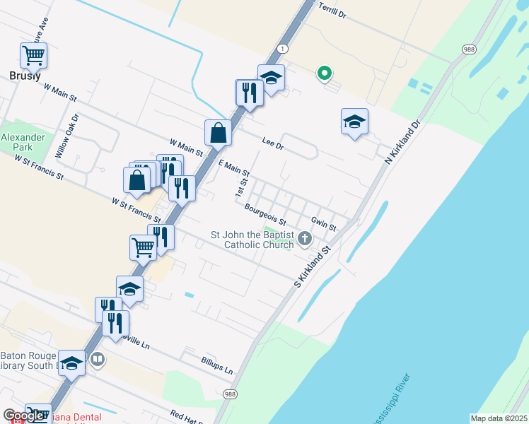 map of restaurants, bars, coffee shops, grocery stores, and more near 244 Saint Luke in Brusly