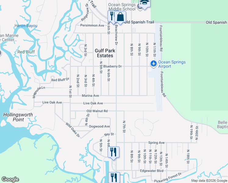 map of restaurants, bars, coffee shops, grocery stores, and more near 3106-3112 Beachview Drive in Ocean Springs