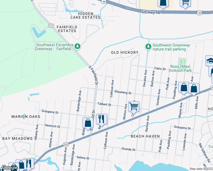 map of restaurants, bars, coffee shops, grocery stores, and more near 912 Rentz Avenue in Pensacola