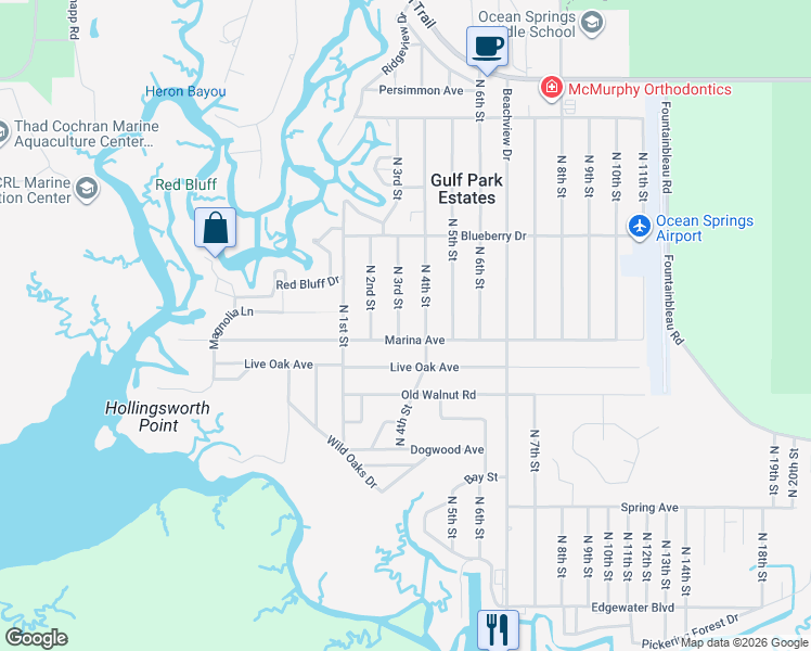 map of restaurants, bars, coffee shops, grocery stores, and more near 9304 Marina Drive in Ocean Springs