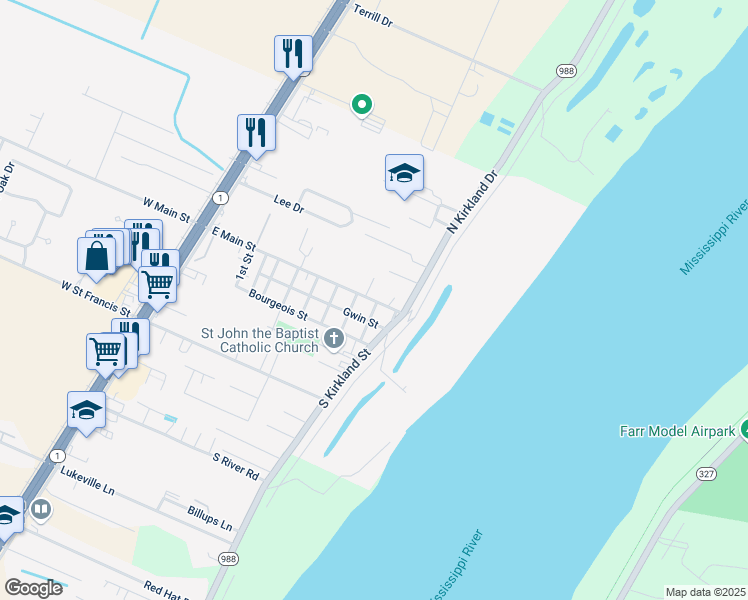 map of restaurants, bars, coffee shops, grocery stores, and more near 919 East Main Street in Brusly
