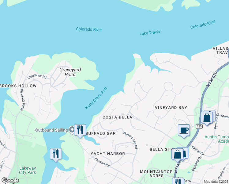 map of restaurants, bars, coffee shops, grocery stores, and more near 205 Bella Vista Cove in Austin