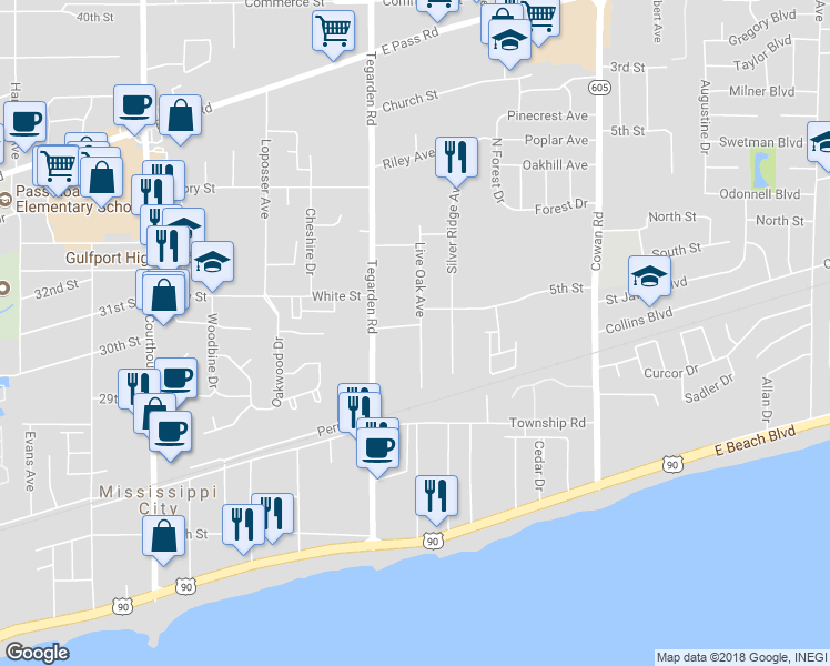 map of restaurants, bars, coffee shops, grocery stores, and more near 838 Silver Lane in Gulfport