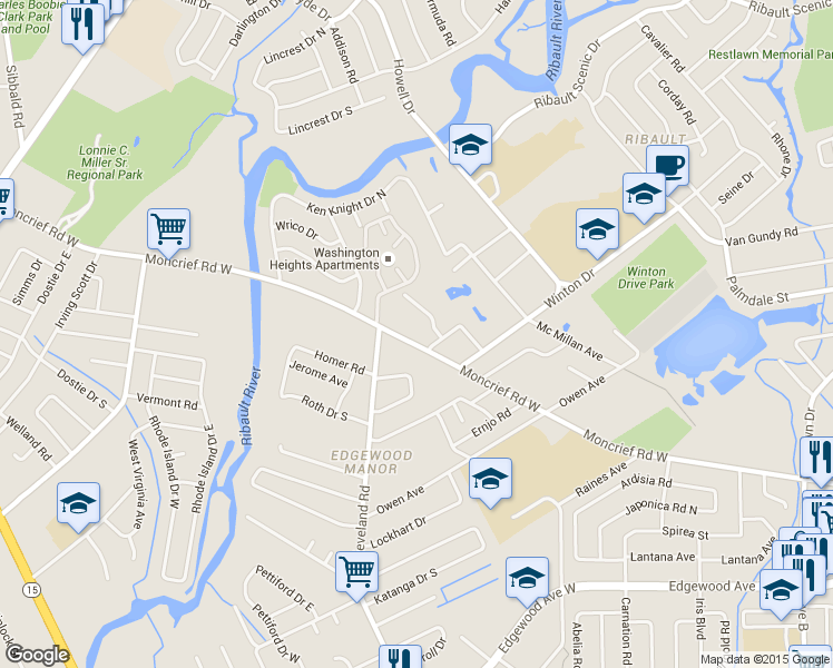 map of restaurants, bars, coffee shops, grocery stores, and more near 4211 Moncrief Road West in Jacksonville