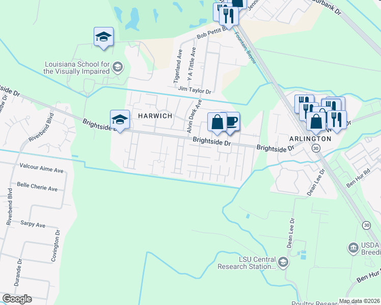 map of restaurants, bars, coffee shops, grocery stores, and more near 5230 Brightside View Drive in Baton Rouge