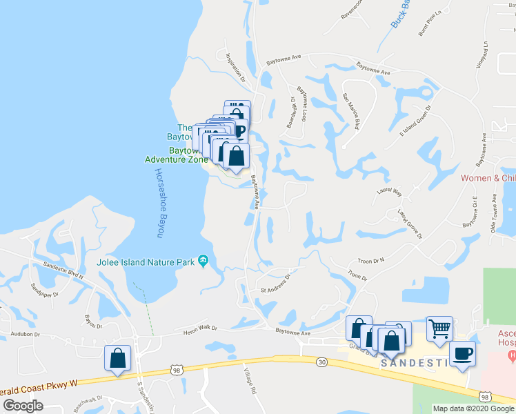 map of restaurants, bars, coffee shops, grocery stores, and more near 8501 Turnberry Court in Miramar Beach