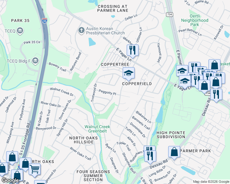map of restaurants, bars, coffee shops, grocery stores, and more near 1016 Peggotty Place in Austin
