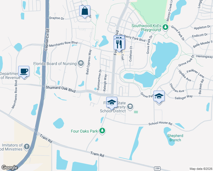 map of restaurants, bars, coffee shops, grocery stores, and more near 4282 Raleigh Way in Tallahassee