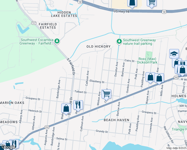map of restaurants, bars, coffee shops, grocery stores, and more near 921 Bremen Avenue in Pensacola