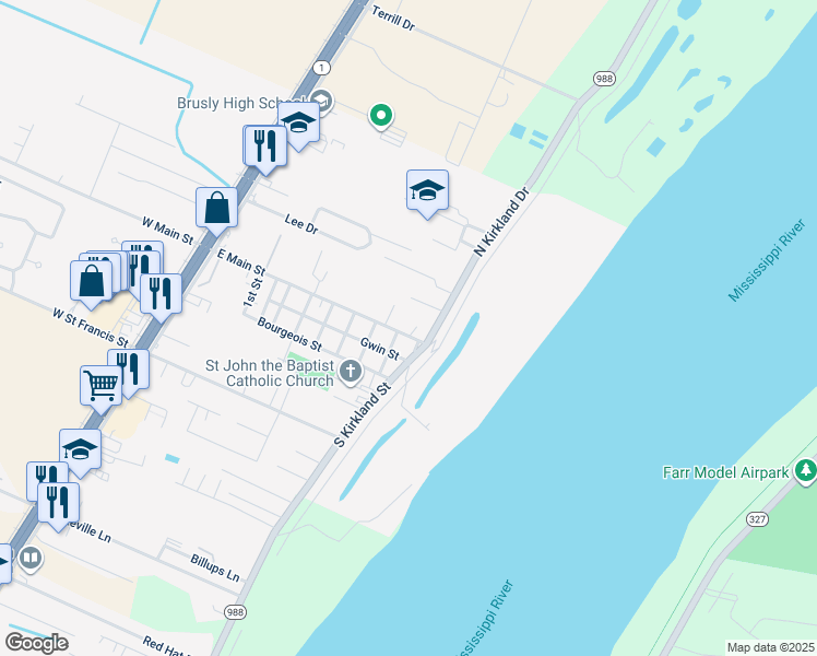 map of restaurants, bars, coffee shops, grocery stores, and more near 919 East Main Street in Brusly