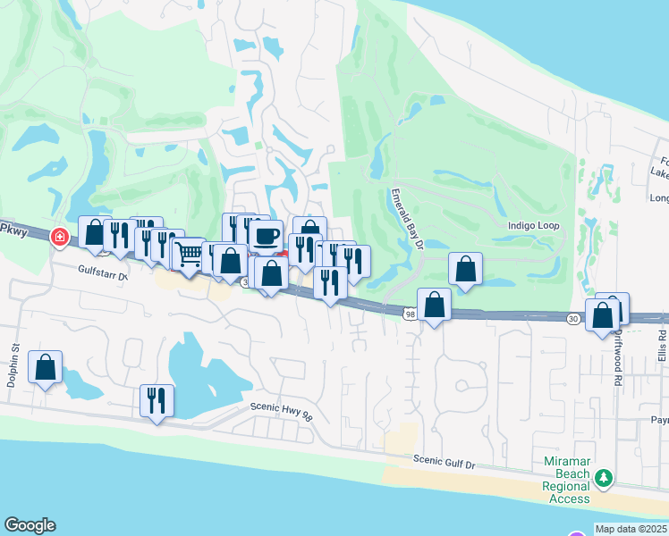 map of restaurants, bars, coffee shops, grocery stores, and more near 4615 Opa-Locka Lane in Destin
