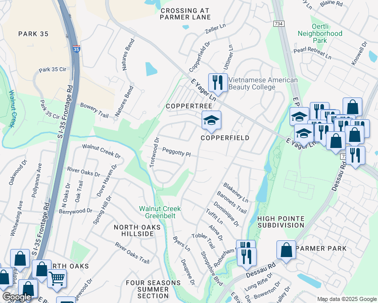 map of restaurants, bars, coffee shops, grocery stores, and more near 1016 Peggotty Place in Austin