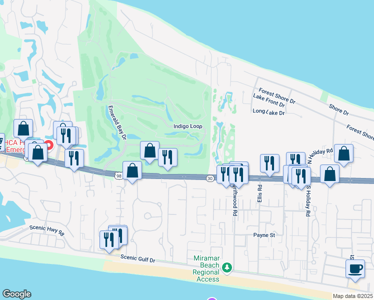 map of restaurants, bars, coffee shops, grocery stores, and more near 312 Indigo Loop in Destin