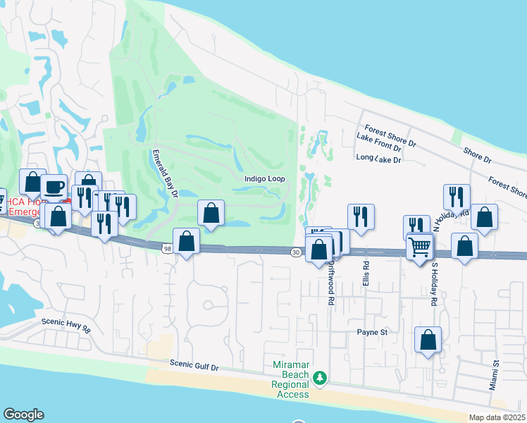 map of restaurants, bars, coffee shops, grocery stores, and more near 312 Indigo Loop in Destin