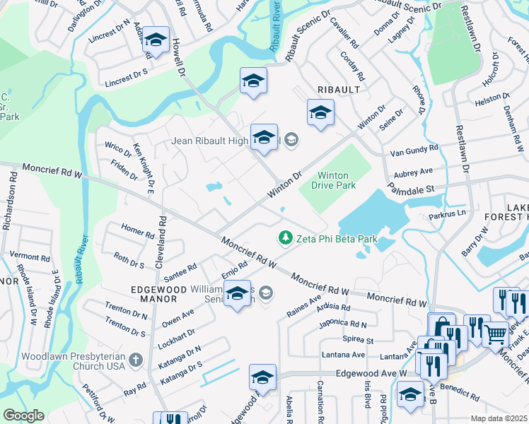 map of restaurants, bars, coffee shops, grocery stores, and more near 3859 Robert C Weaver Drive in Jacksonville