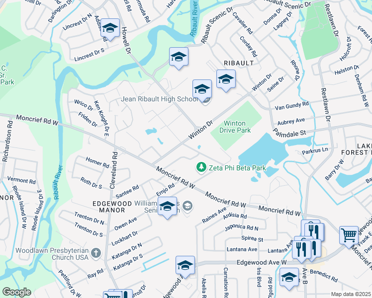 map of restaurants, bars, coffee shops, grocery stores, and more near 3859 Robert C Weaver Drive in Jacksonville