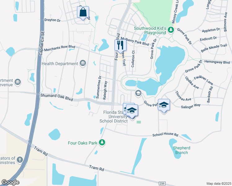 map of restaurants, bars, coffee shops, grocery stores, and more near 4287 Four Oaks Boulevard in Tallahassee