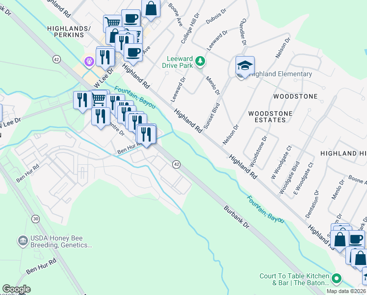 map of restaurants, bars, coffee shops, grocery stores, and more near 5950 Highland Road in Baton Rouge