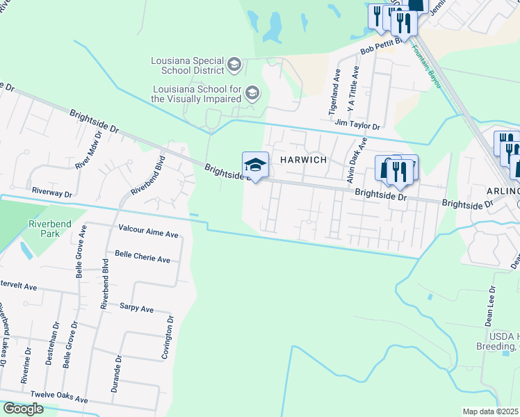 map of restaurants, bars, coffee shops, grocery stores, and more near 2403 Brightside Drive in Baton Rouge