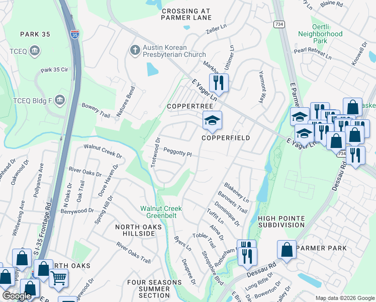 map of restaurants, bars, coffee shops, grocery stores, and more near 12000 Trotwood Drive in Austin
