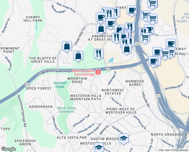 map of restaurants, bars, coffee shops, grocery stores, and more near 9015 Mountain Ridge Drive in Austin