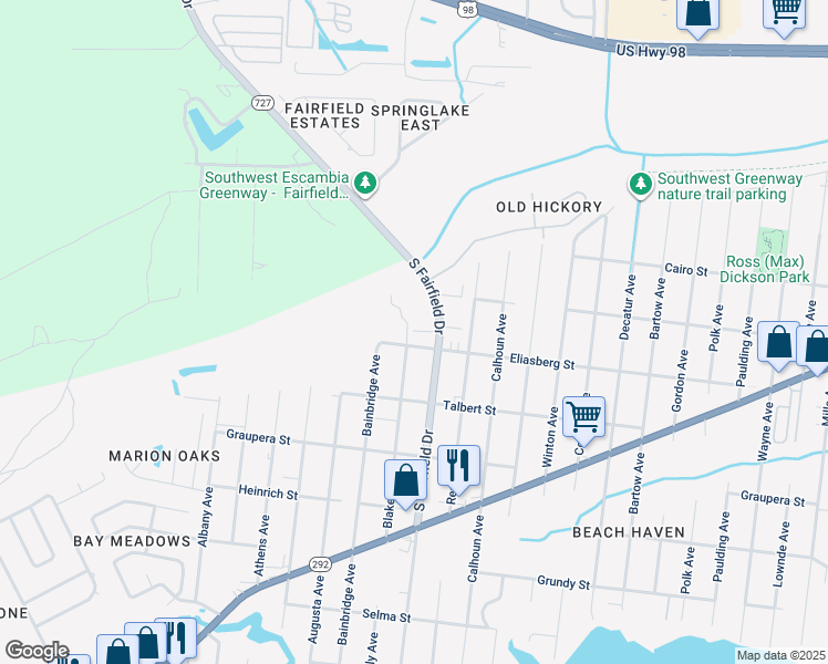 map of restaurants, bars, coffee shops, grocery stores, and more near 1400 Blakely Avenue in Pensacola