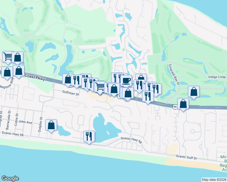 map of restaurants, bars, coffee shops, grocery stores, and more near 4400 Furling Lane in Destin