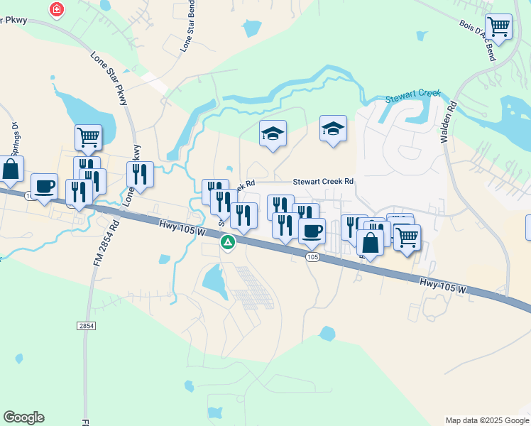 map of restaurants, bars, coffee shops, grocery stores, and more near 18708 Stewart Hill Drive in Montgomery