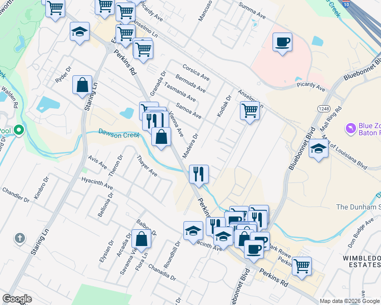 map of restaurants, bars, coffee shops, grocery stores, and more near 2966 Madeira Drive in Baton Rouge