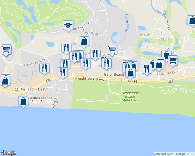 map of restaurants, bars, coffee shops, grocery stores, and more near 15501 Emerald Coast Parkway in Destin