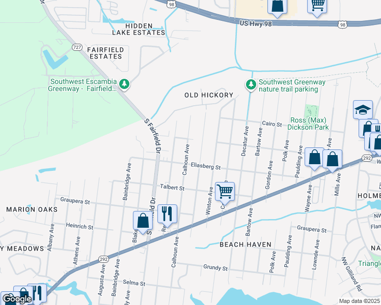 map of restaurants, bars, coffee shops, grocery stores, and more near 906 Calhoun Avenue in Pensacola