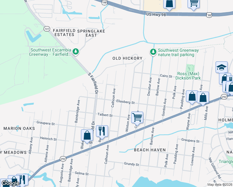 map of restaurants, bars, coffee shops, grocery stores, and more near 921 Bremen Avenue in Pensacola