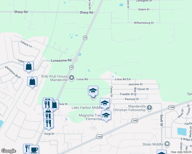 map of restaurants, bars, coffee shops, grocery stores, and more near 1775 Lotus Road in Mandeville