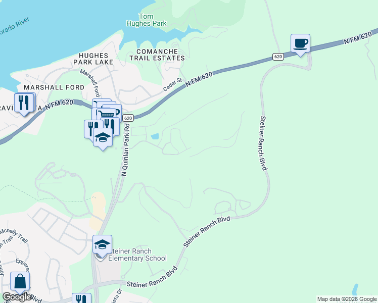 map of restaurants, bars, coffee shops, grocery stores, and more near 12104 Moriah Bend in Austin