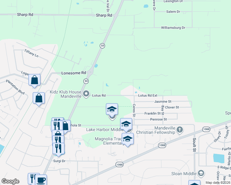 map of restaurants, bars, coffee shops, grocery stores, and more near 1775 Lotus Rd in Mandeville