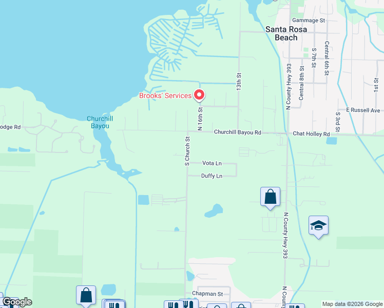 map of restaurants, bars, coffee shops, grocery stores, and more near 312 South Church Street in Santa Rosa Beach