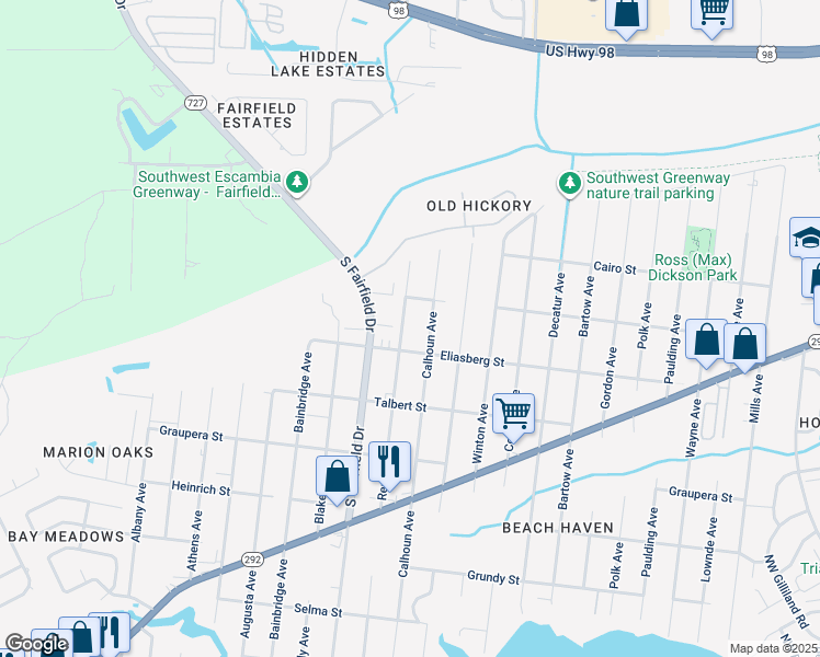 map of restaurants, bars, coffee shops, grocery stores, and more near 914 Rentz Avenue in Pensacola