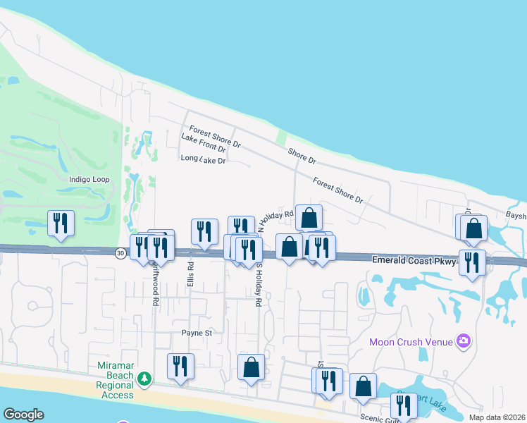 map of restaurants, bars, coffee shops, grocery stores, and more near 123 North Holiday Road in Miramar Beach