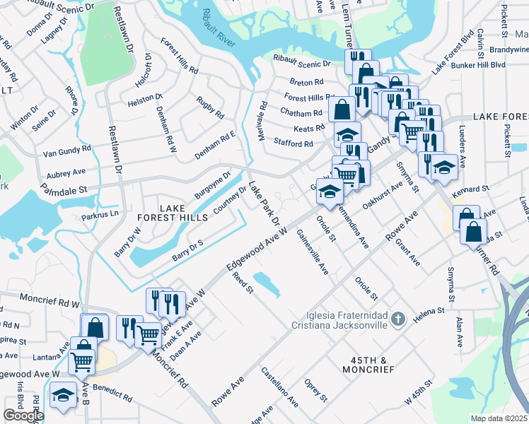 map of restaurants, bars, coffee shops, grocery stores, and more near 7706 Lake Park Drive in Jacksonville