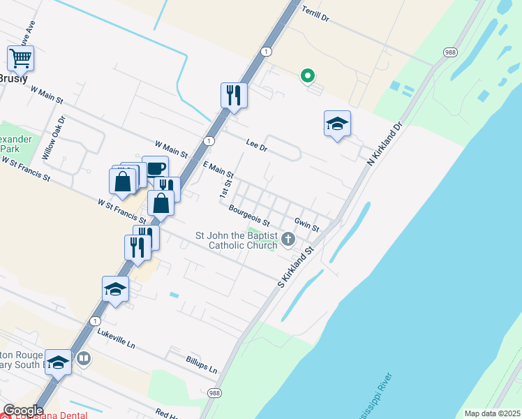 map of restaurants, bars, coffee shops, grocery stores, and more near 244 Saint Luke in Brusly