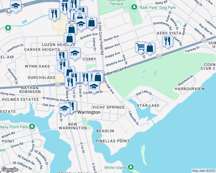 map of restaurants, bars, coffee shops, grocery stores, and more near 509 Live Oak Avenue in Pensacola